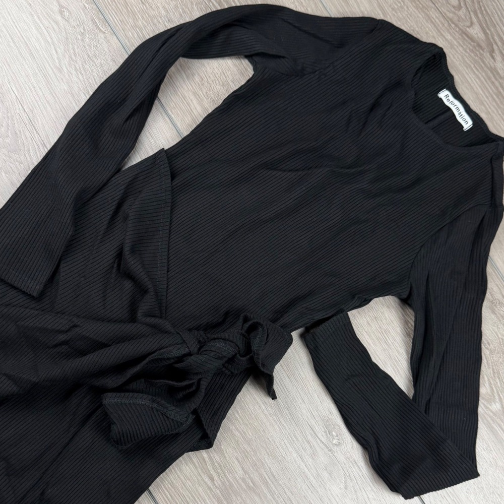 Reformation Womens Mini Dress Ribbed Long Sleeve Tie Waist Black S